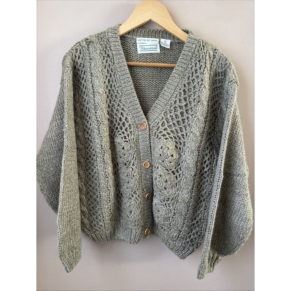 Vintage Shenanigans Ramie Blend Cardigan M Green Cable Knit Sweater